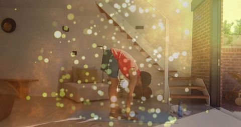 Man Stretching at Home in Stylish Living Room Setting