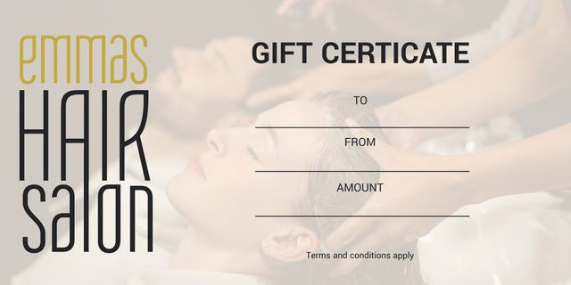 This gift certificate template features a calming scene of hands massaging a customer's hair at a salon, making it ideal for hair salons, spas, and beauty businesses to offer as gifts. The template includes spaces for recipient details, making it easily customizable for holidays, birthdays, and special occasions.