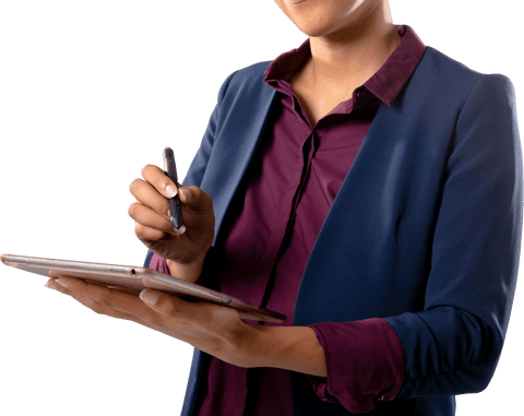African American Businesswoman Using Tablet on Transparent Background