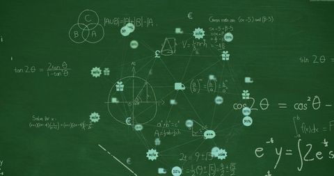 Digital Network and Mathematical Equations on Green Chalkboard - Download Free Stock Images Pikwizard.com