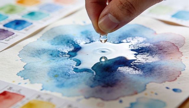 Droplet creating ripple on wet blue watercolor wash with artist palette swatches