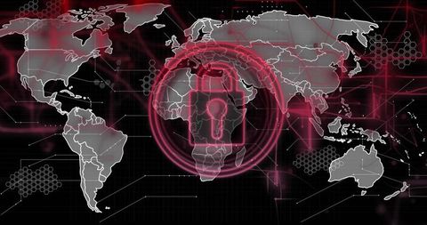 Protecting global networks featuring glowing red padlock over africa on digital world map