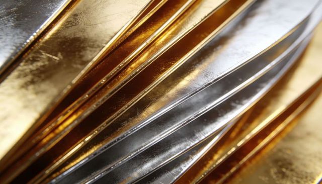 Shimmering gold and silver metallic ridges macro closeup fins reflective abstract texture
