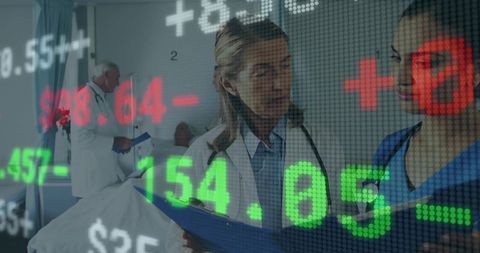 Healthcare team consulting with financial ticker overlay, clinical collaboration and finance concept