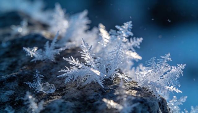 Feathery hoarfrost crystals forming on rough rock, catching low sun and sparkling bokeh