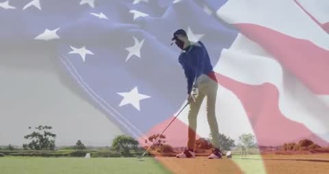 Golfer Preparing Swing with American Flag Overlay on Sunlit Course