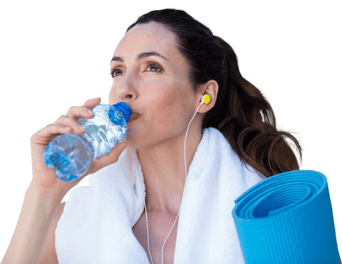 transparent fit woman hydrating after exercise with yoga mat and earbuds - Download Free Stock Videos Pikwizard.com