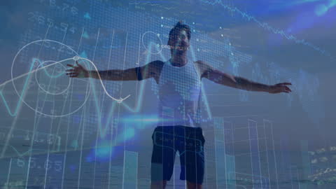Man Exercising at Beach with Data Overlay