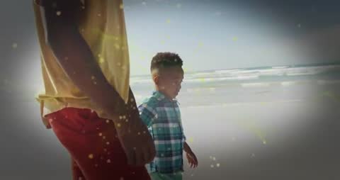 Father and Son Strolling on Beach with Animation Overlay