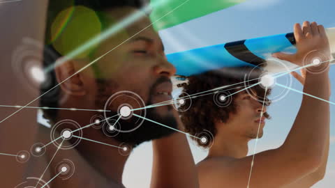 Surfers with Digital Network Overlay by Ocean