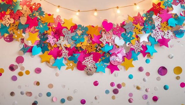 Vibrant star and heart paper garland with foil confetti and warm string lights backdrop