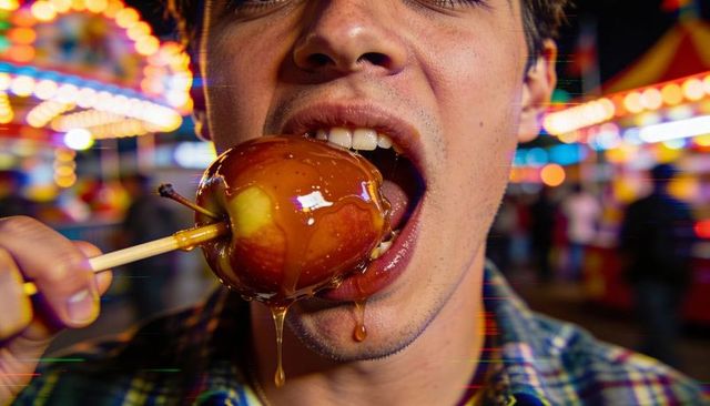Young man biting caramel apple at night carnival with colorful bokeh lights