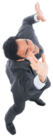 Transparent Joyful Businessman Raising Arms Celebrating Success