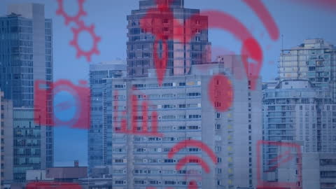 Digital Interface Icons Overlay Urban Cityscape