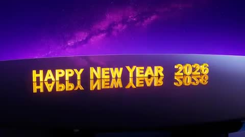 Welcoming 2026 with glowing gold HAPPY NEW YEAR text reflecting on cosmic curved stage