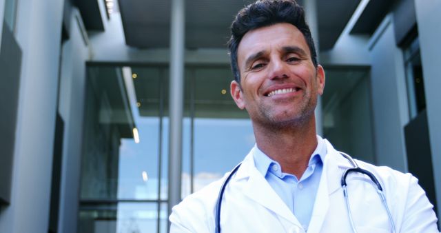 Confident Doctor Standing Outside Modern Medical Facility - Download Free Stock Images Pikwizard.com