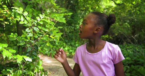 Curious Girl Exploring Nature on Forest Trail