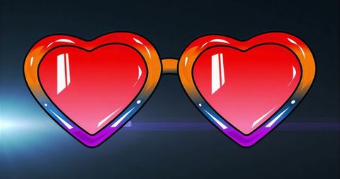 Showing heart-shaped sunglasses with orange-purple gradient frame and red lenses