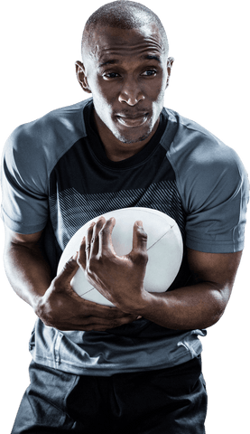 Athletic rugby player holding ball on transparent background