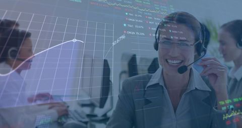 Financial experts analyzing data with digital interface overlays
