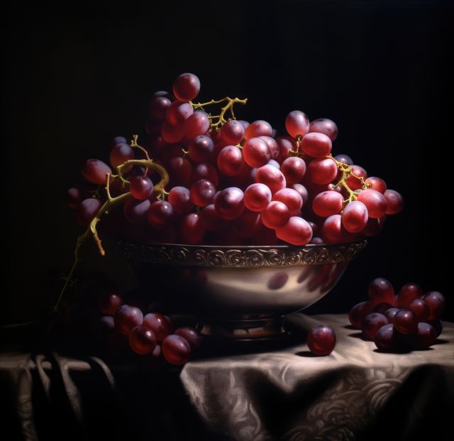 Red grapes arranged in an ornate bowl against dark background, presenting an elegant and vintage feel. Suitable for food photography, culinary presentations, health and nutrition publications, or classic interior decor themes.