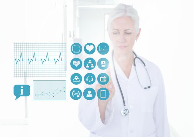 Female doctor using an interactive digital screen with holographic medical icons and charts. Useful for demonstrating advancements in medical technology, telemedicine, and the integration of digital tools in modern healthcare. Ideal for health technology blogs, medical innovation presentations, and telehealth services promotion.