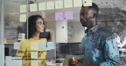 Dynamic Team Collaborating on Ideas with Glass Board