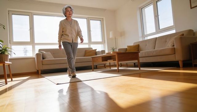 Senior asian woman walking in sunlit living room with hardwood floor and midcentury sofa