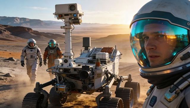 Astronauts Operating Six-Wheel Rover Traversing Martian Plain at Sunset with Mast Camera and Crew