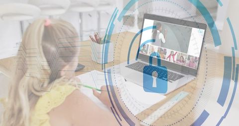 Girl Taking Notes in Virtual Classroom with Privacy Lock Overlay for Remote Learning