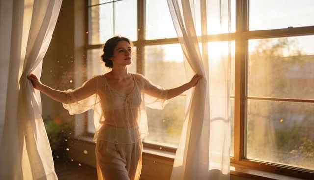 Woman opening curtains at sunrise in sunlit wooden room with sheer blouse and dust motes