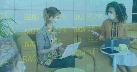 Colleagues Collaborating in Office with Digital Stock Update Overlay