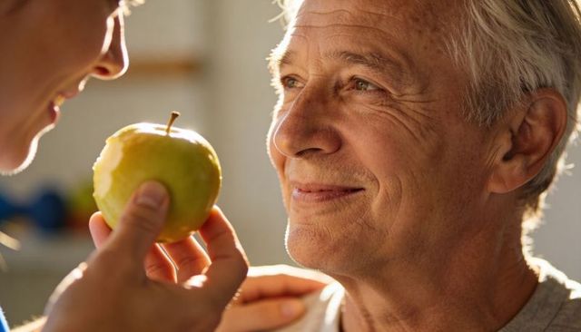 Senior man smiling while partner offering bitten green apple in warm kitchen light
