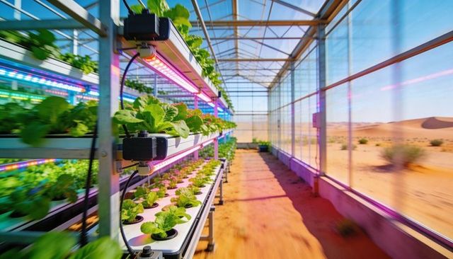 Desert hydroponic greenhouse with multi-tier led racks growing lettuce in arid environment
