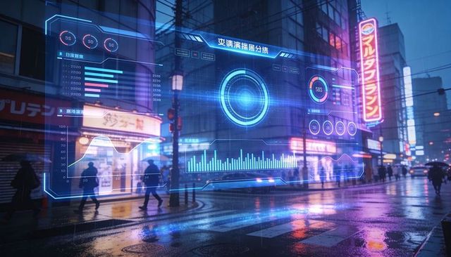 Floating holographic hud casting neon glow over rainy tokyo crosswalk with umbrellas