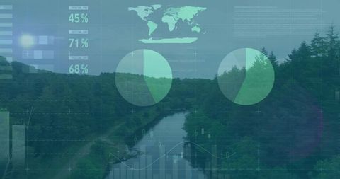 Meandering river through forest valley with transparent data overlay, charts, gridlines