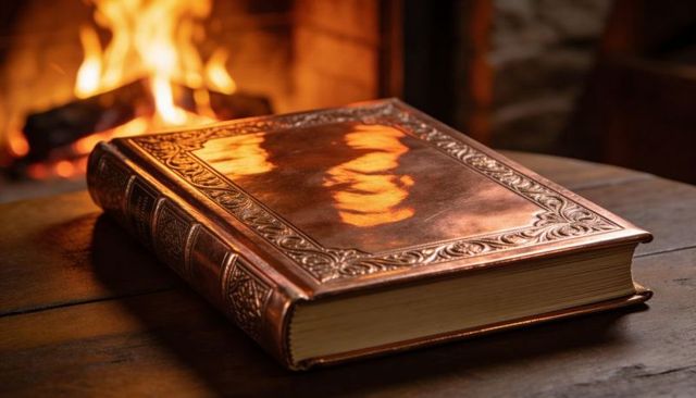 Firelight reflecting on ornate embossed leather tome sitting on wooden table by hearth