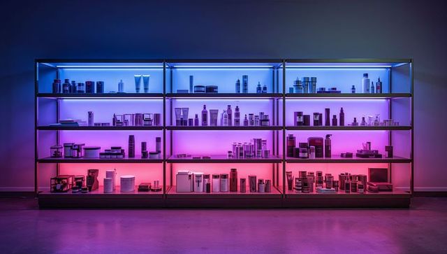 Neon backlit skincare and cosmetic display on metal shelving, modern led gradient retail