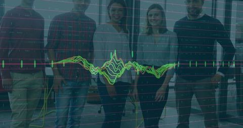 Multiethnic team analyzing financial data with digital chart overlay