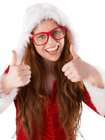 Festive Redhead Woman with Santa Outfit Giving Thumbs Up on Transparent Background