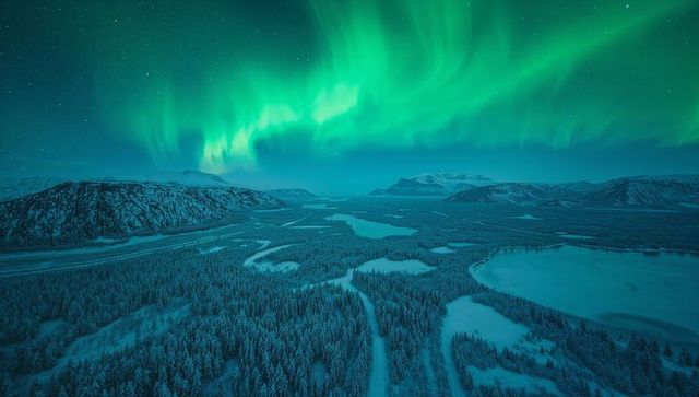 Majestic northern lights over snowy forest and frozen waters