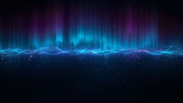 Pulsing Neon Aurora Waveform Across Cosmic Nightscape with Digital Particle Grid