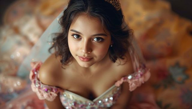 Elegant teen in pink ball gown with tiara and veil