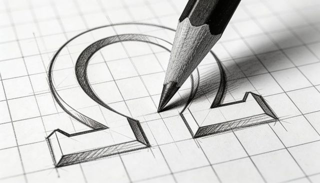 Sharpened pencil sketching 3D Omega symbol on squared grid paper with hatching and shading