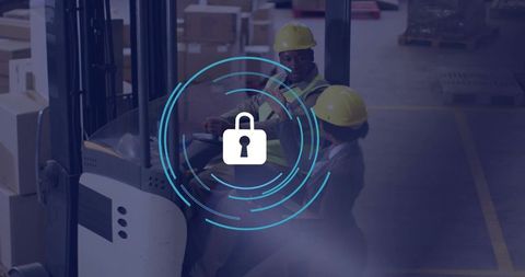 Warehouse team operating forklift wearing hardhats and vests with digital lock hud overlay