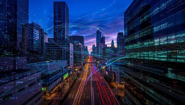 Futuristic City Nightscape with Digital Trails and Data Streams