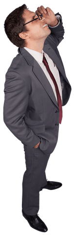 Transparent Man in Suit Adjusting Glasses While Looking Up