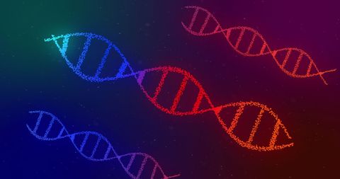 Glowing 3d dna double helix strands on gradient background