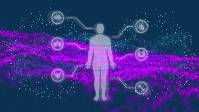 This visual depicts a futuristic holistic concept showing a human silhouette surrounded by data patterns and symbols, symbolizing the integration of technology in healthcare and digital interfaces. Suitable for articles about innovative medical technology, cyber connectivity, healthcare advancements, or digital interface designs. Ideal for illustrating concepts involving digital health solutions or human-data interaction in professional publications.