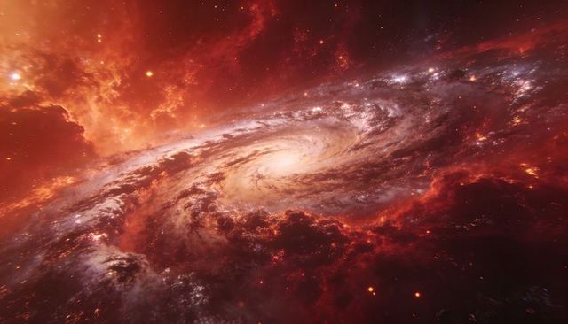 Fiery spiral galaxy with luminous core and red nebula clouds in deep space